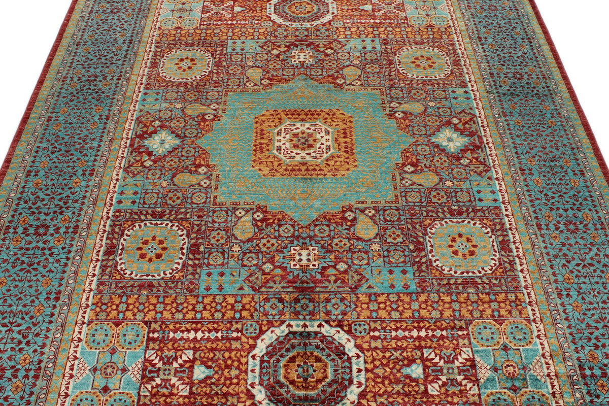 6x8 Burgundy and Blue Turkish Tribal Rug