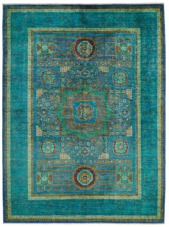 6x8 Blue and Green Turkish Tribal Rug