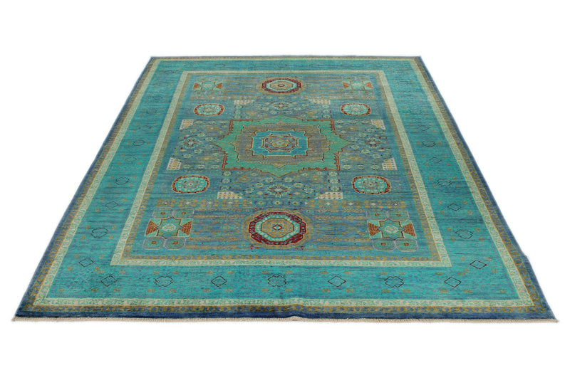 6x8 Blue and Green Turkish Tribal Rug