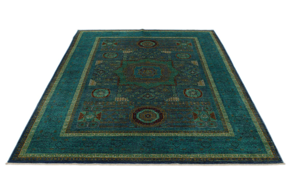 6x8 Blue and Green Turkish Tribal Rug