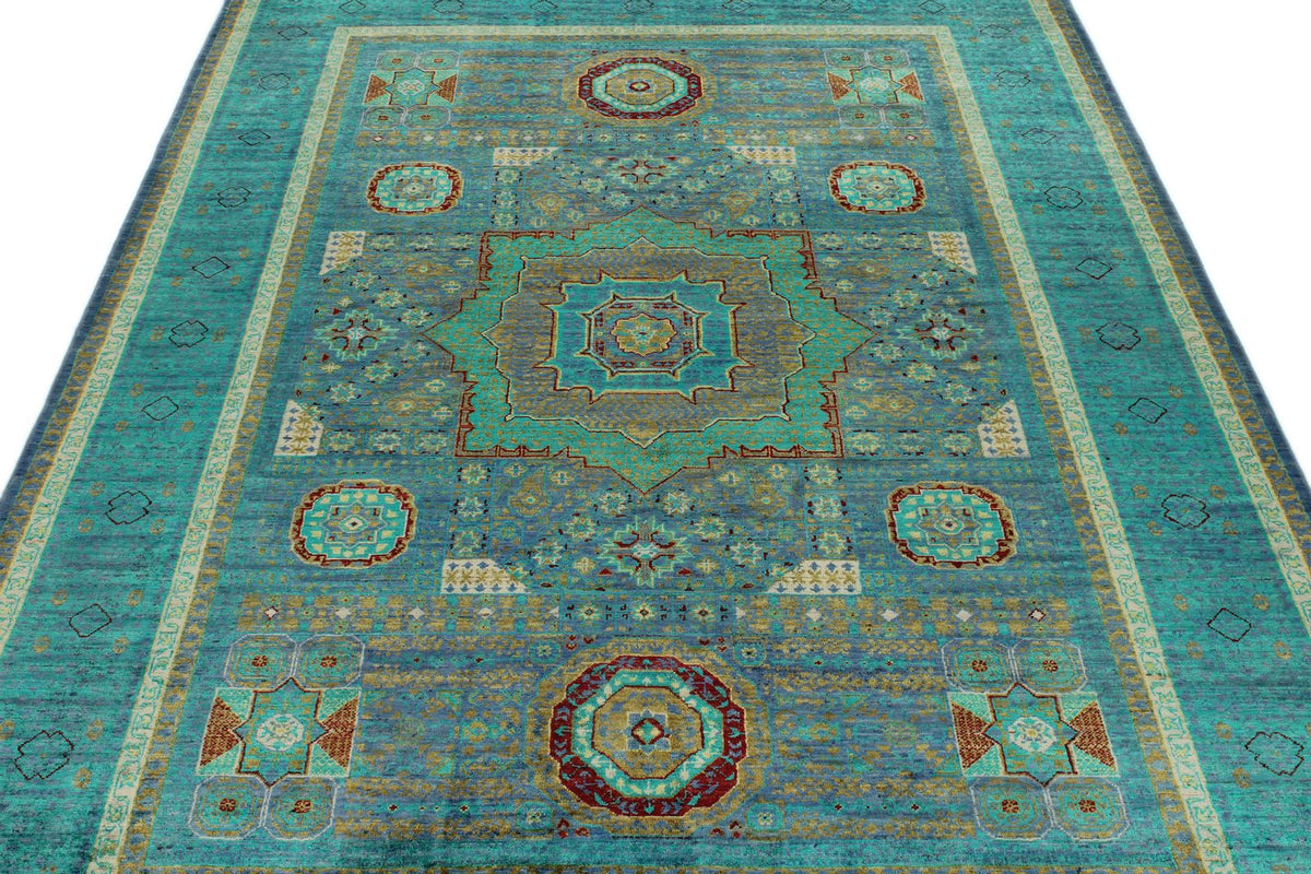 6x8 Blue and Green Turkish Tribal Rug