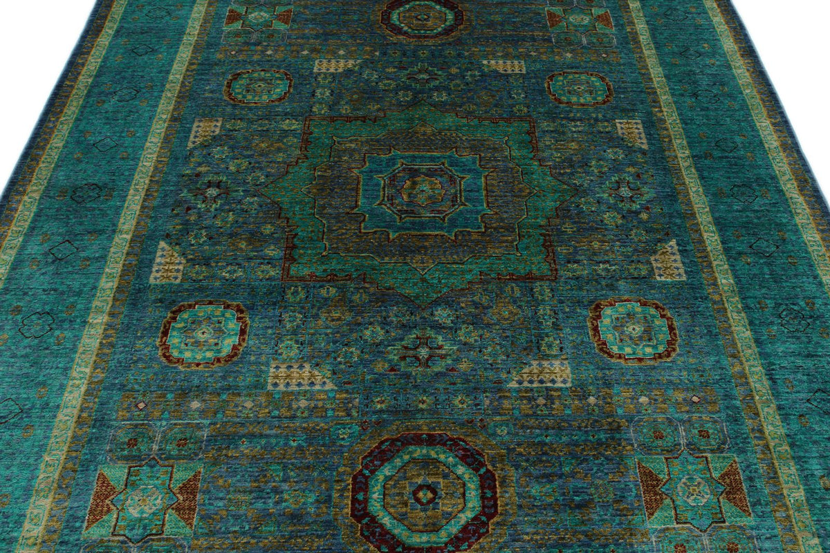 6x8 Blue and Green Turkish Tribal Rug