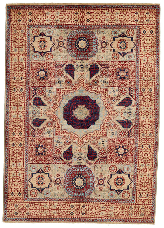 5x7 Ivory and Beige Turkish Tribal Rug