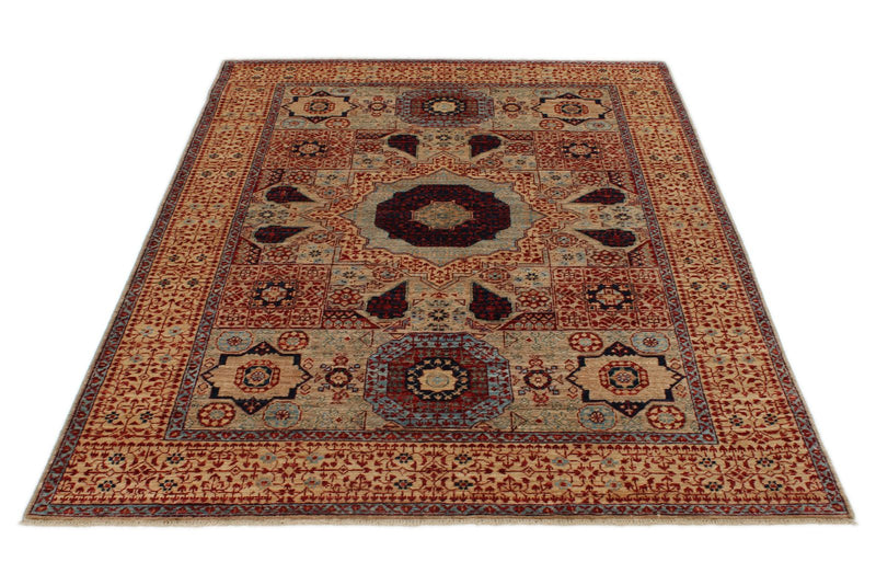 5x7 Ivory and Beige Turkish Tribal Rug