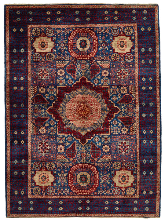 5x7 Multicolor and Navy Turkish Tribal Rug