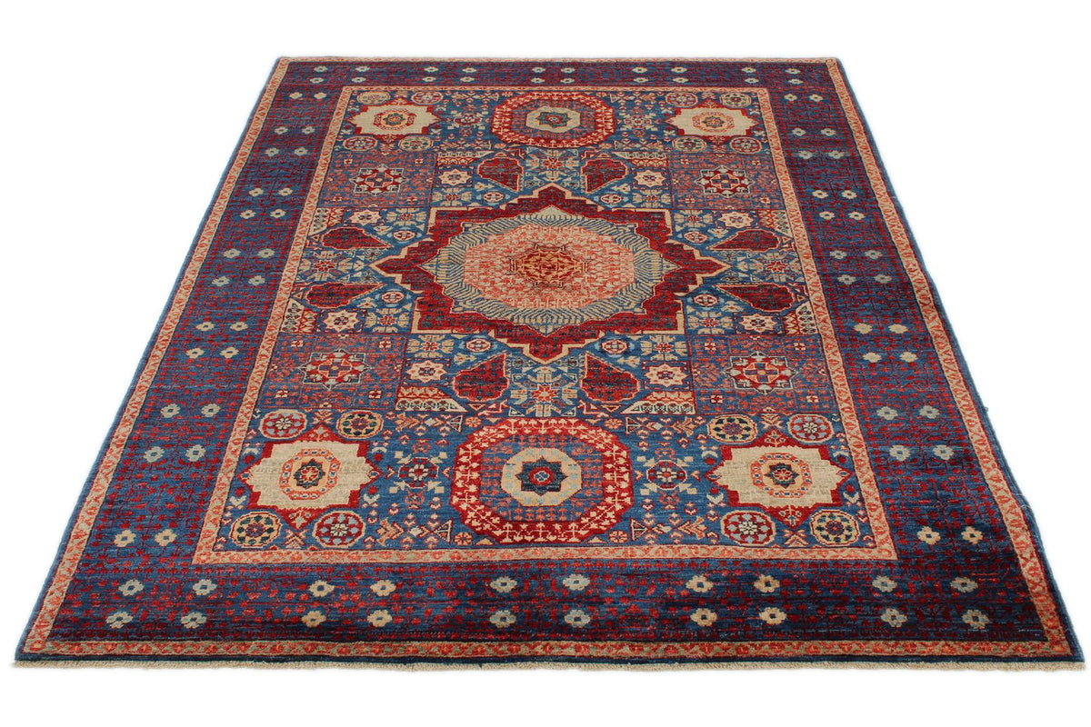 5x7 Multicolor and Navy Turkish Tribal Rug