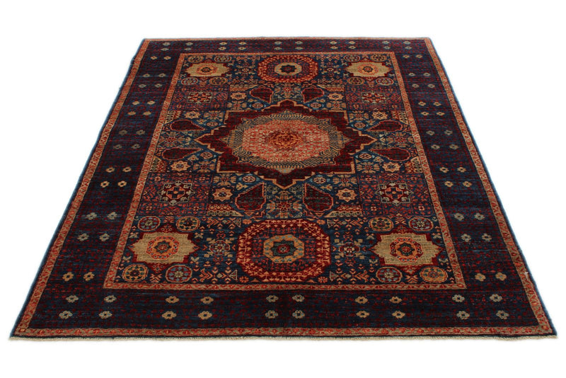 5x7 Multicolor and Navy Turkish Tribal Rug