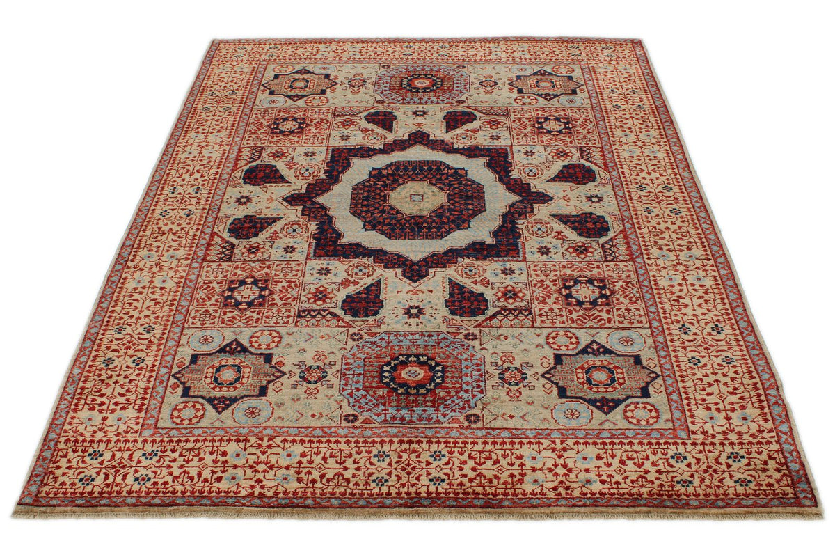 5x7 Ivory and Beige Turkish Tribal Rug