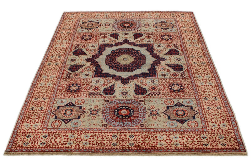 5x7 Ivory and Beige Turkish Tribal Rug