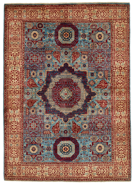 5x7 Blue and Ivory Turkish Tribal Rug