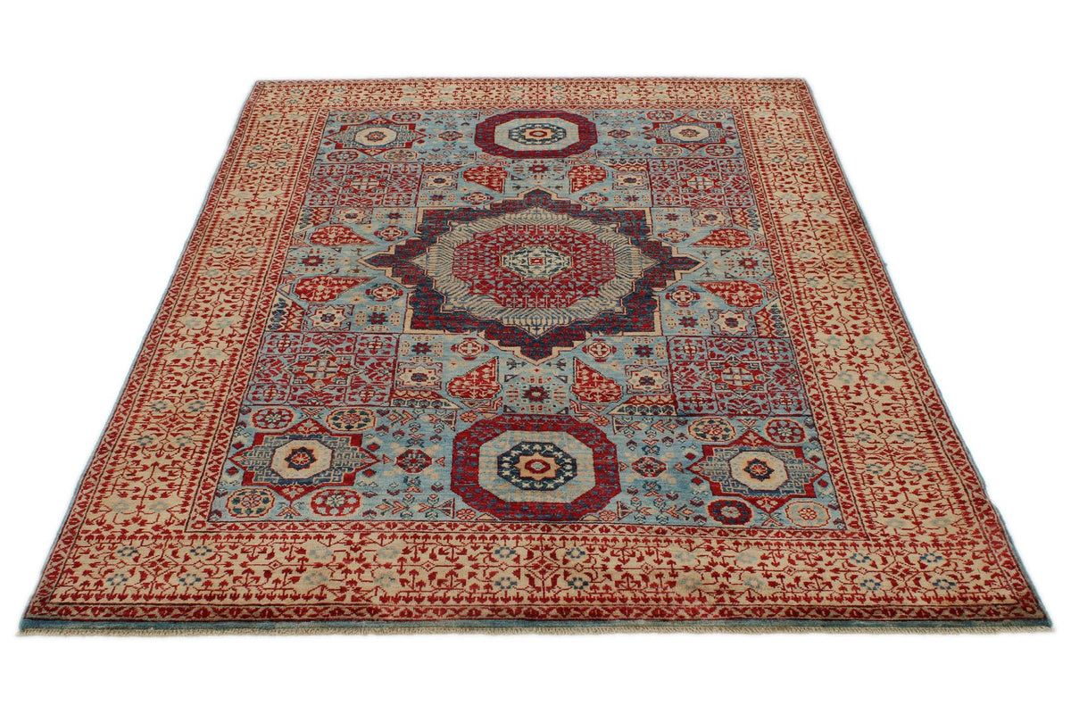 5x7 Blue and Ivory Turkish Tribal Rug