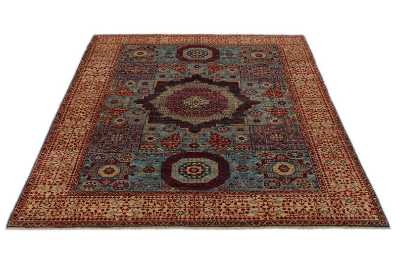 5x7 Blue and Ivory Turkish Tribal Rug