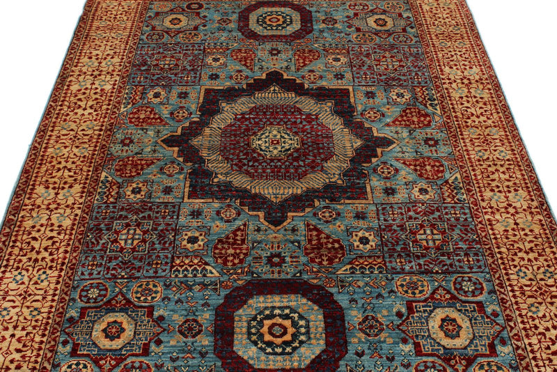 5x7 Blue and Ivory Turkish Tribal Rug