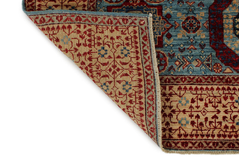 5x7 Blue and Ivory Turkish Tribal Rug