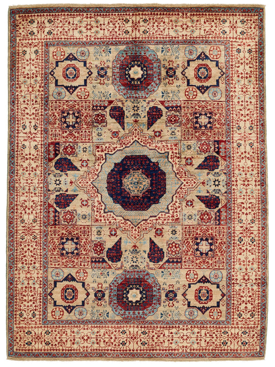 5x7 Beige and Ivory Turkish Tribal Rug