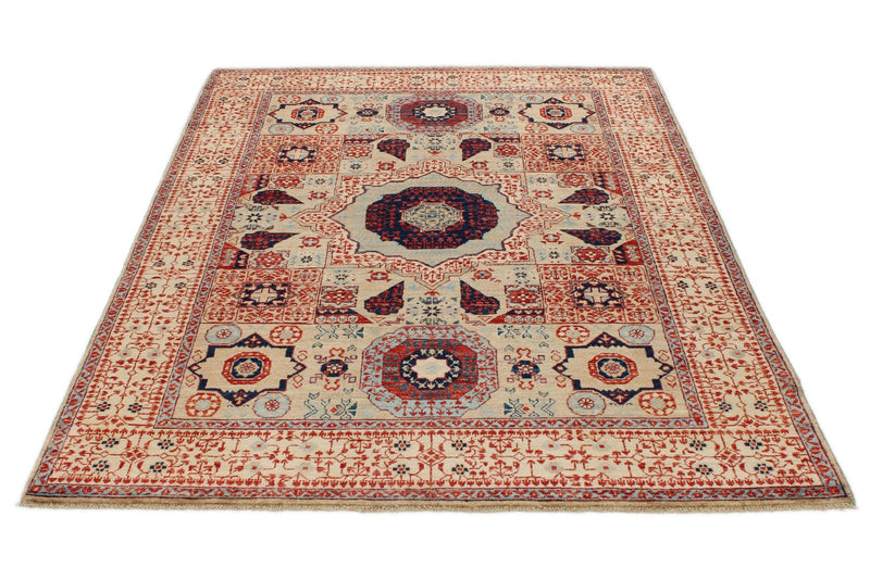 5x7 Beige and Ivory Turkish Tribal Rug