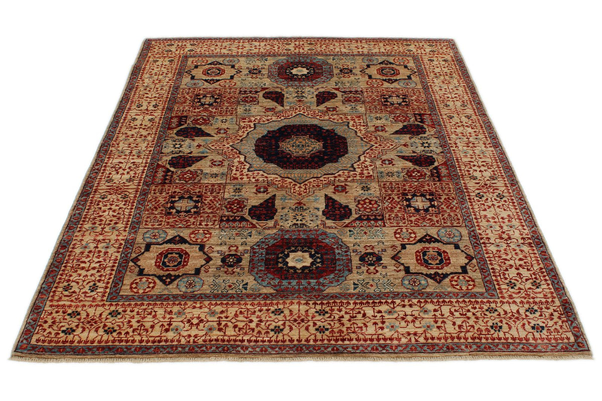 5x7 Beige and Ivory Turkish Tribal Rug