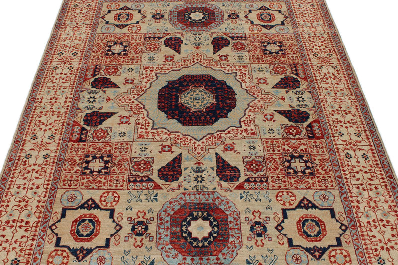 5x7 Beige and Ivory Turkish Tribal Rug