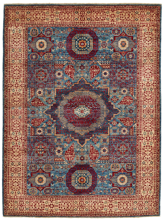 5x7 Blue and Ivory Turkish Tribal Rug