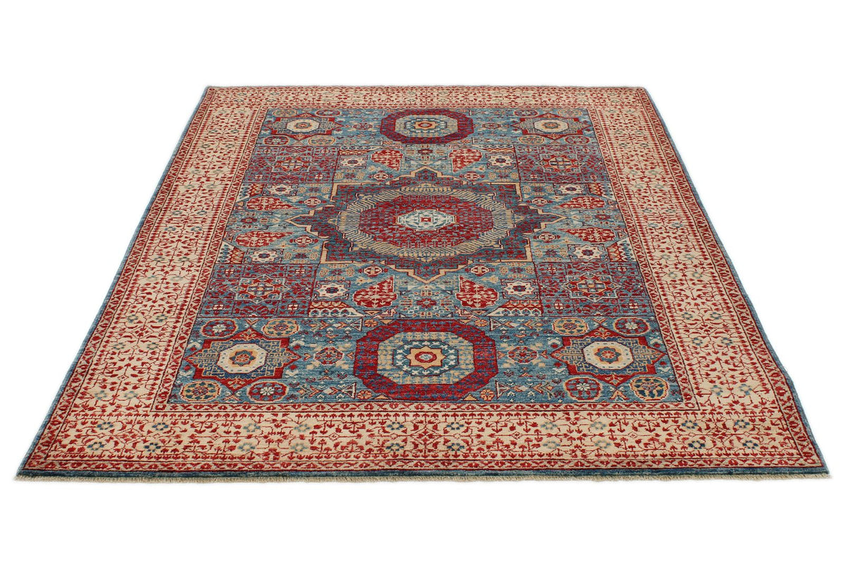 5x7 Blue and Ivory Turkish Tribal Rug