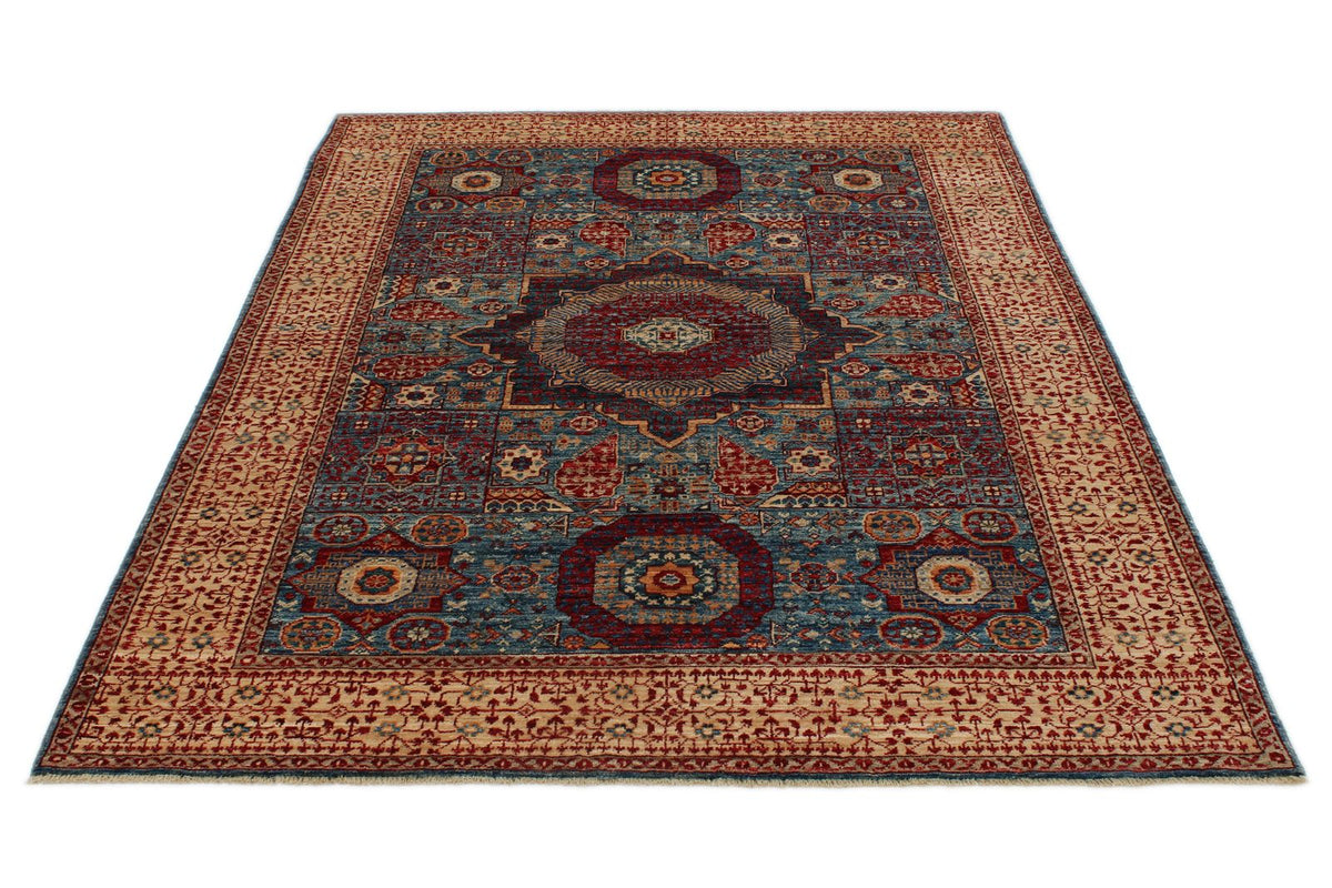 5x7 Blue and Ivory Turkish Tribal Rug