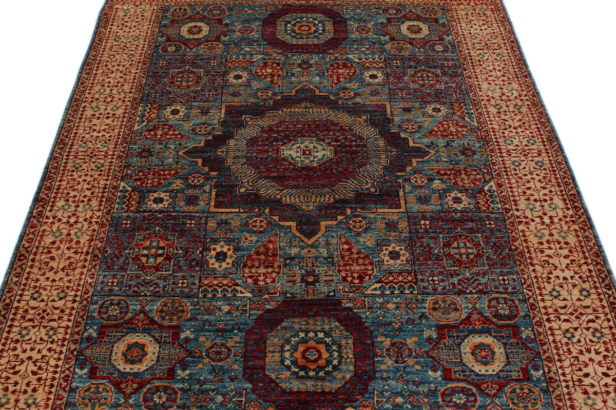 5x7 Blue and Ivory Turkish Tribal Rug