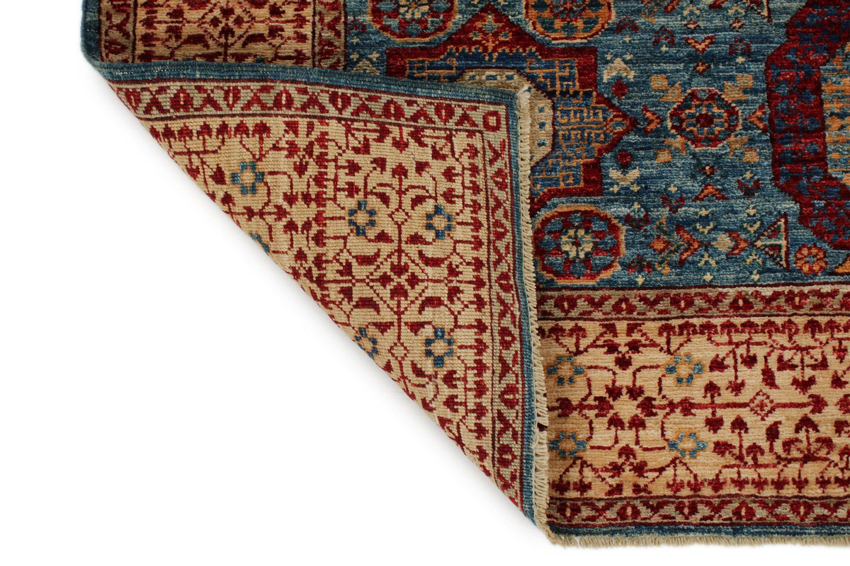 5x7 Blue and Ivory Turkish Tribal Rug