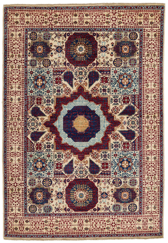 5x7 Ivory and Multicolor Turkish Tribal Rug