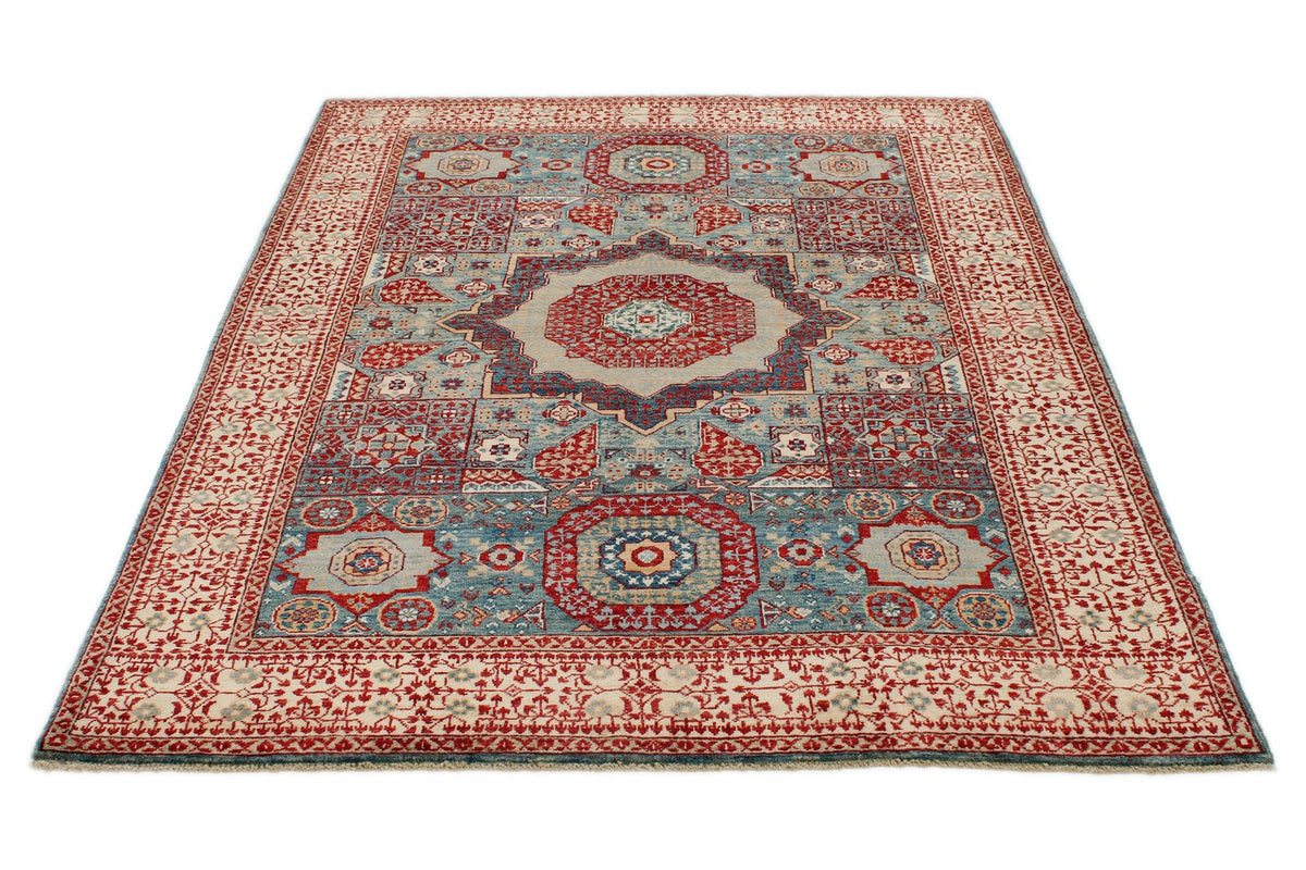 5x7 Ivory and Multicolor Turkish Tribal Rug
