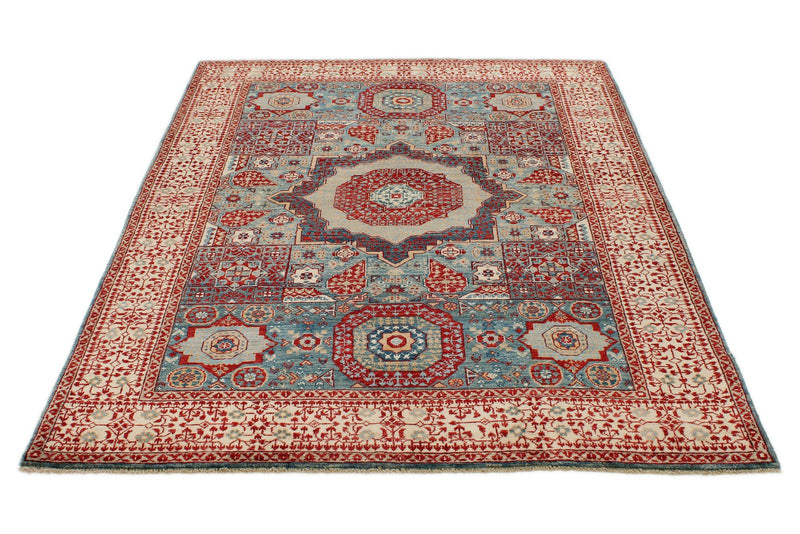 5x7 Ivory and Multicolor Turkish Tribal Rug