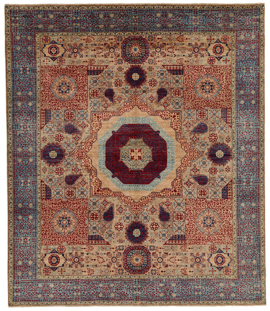 8x10 Camel and Blue Turkish Tribal Rug