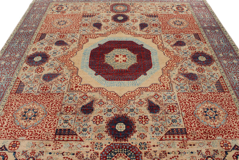 8x10 Camel and Blue Turkish Tribal Rug