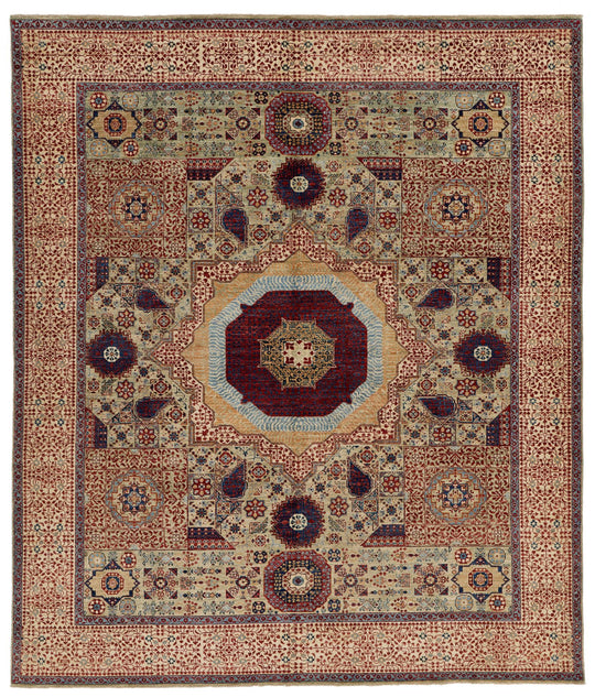 8x10 Green and Ivory Turkish Tribal Rug