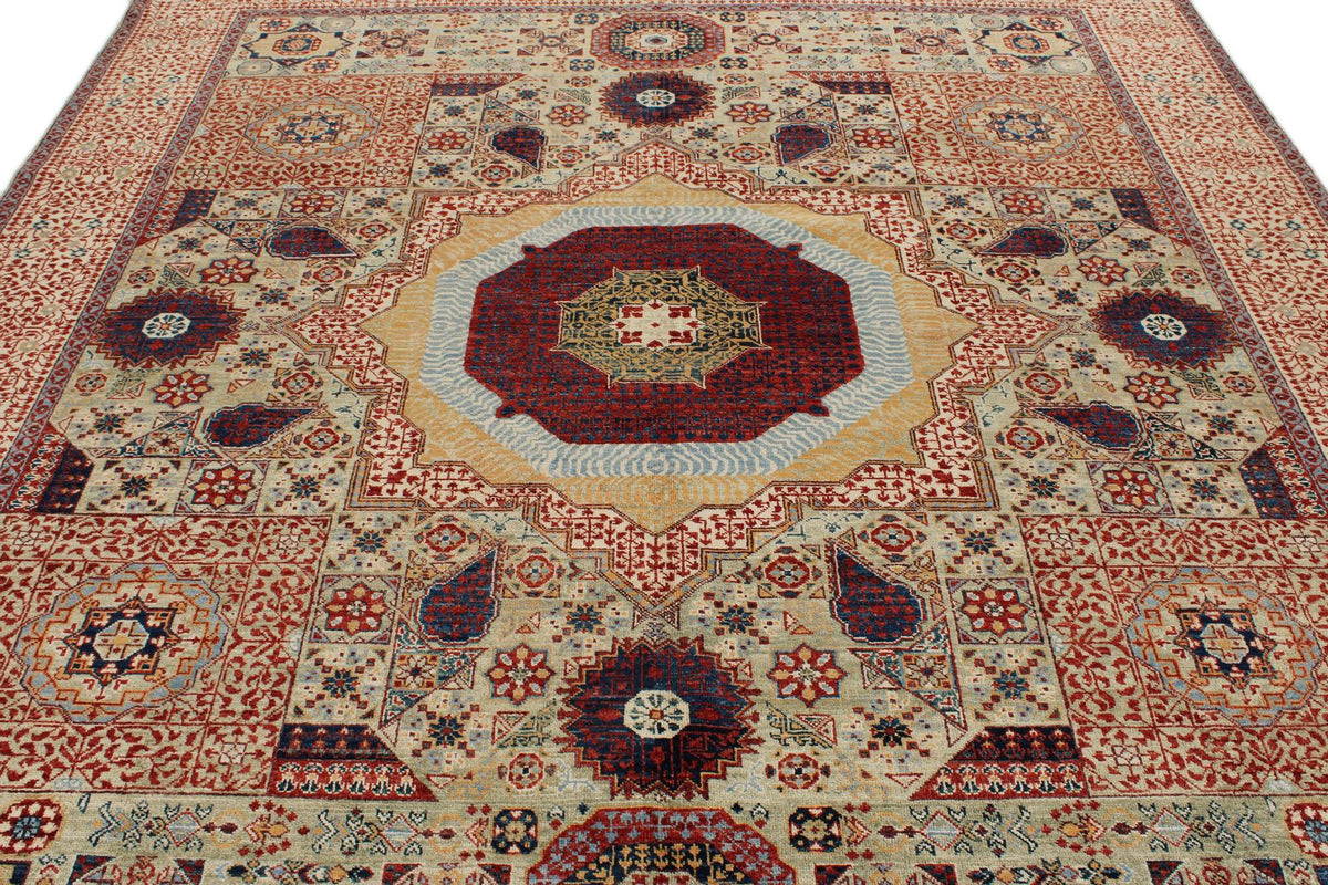 8x10 Green and Ivory Turkish Tribal Rug