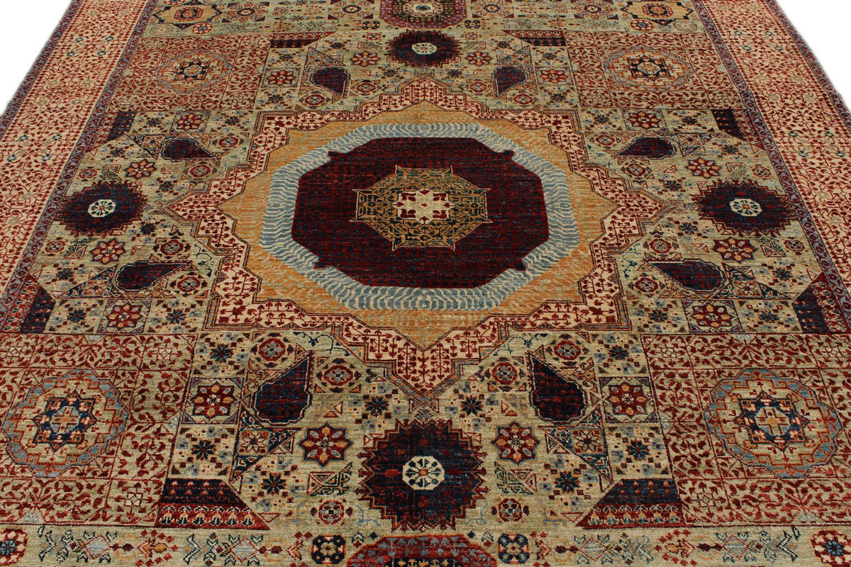 8x10 Green and Ivory Turkish Tribal Rug