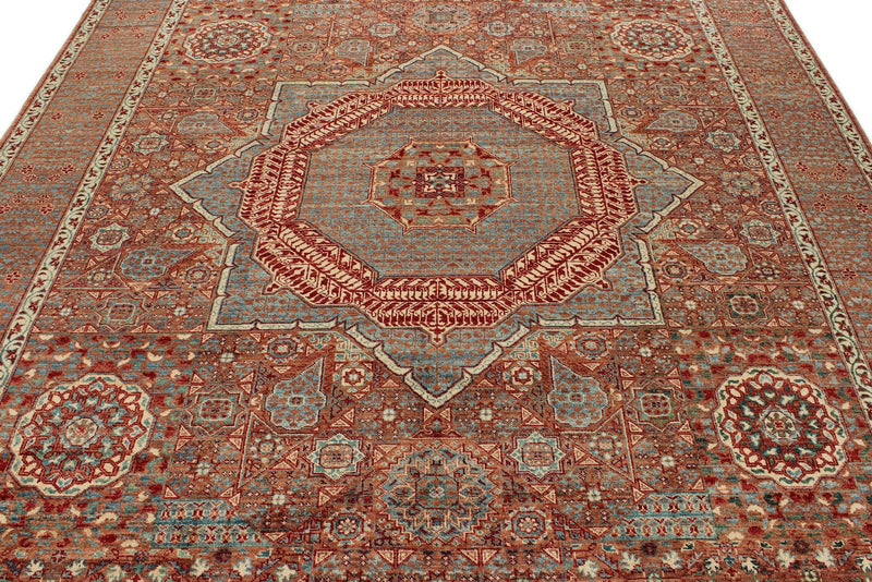 8x10 Blue and Rust Turkish Tribal Rug