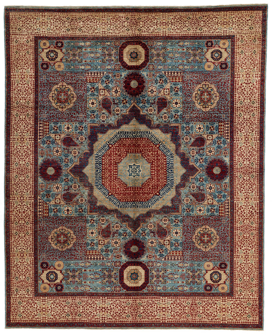 8x10 Blue and Ivory Turkish Tribal Rug