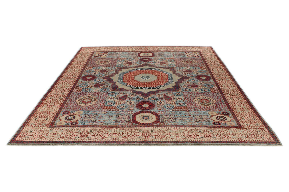 8x10 Blue and Ivory Turkish Tribal Rug