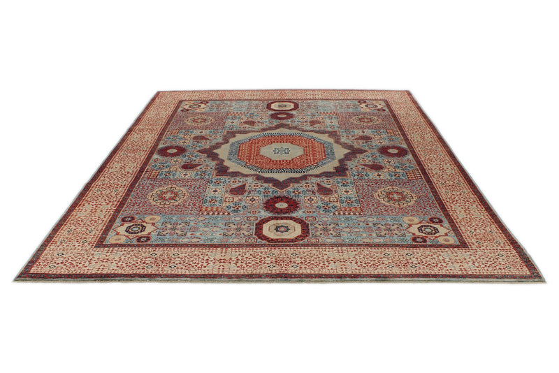 8x10 Blue and Ivory Turkish Tribal Rug