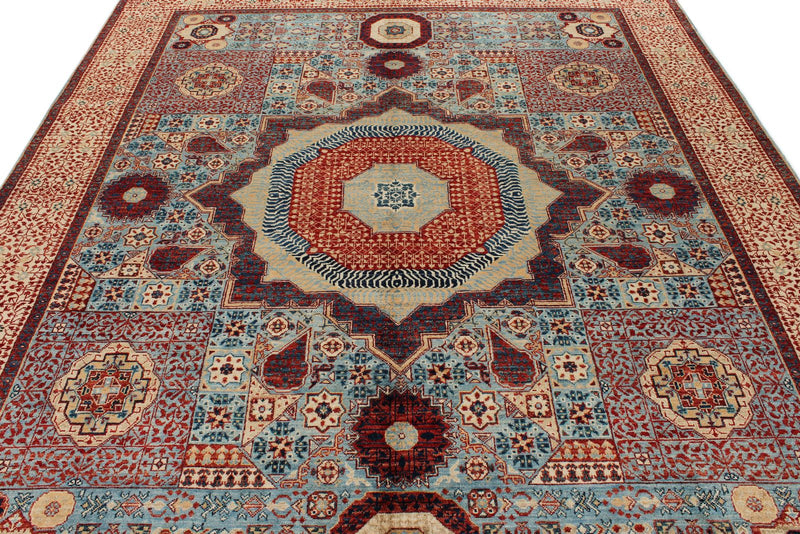 8x10 Blue and Ivory Turkish Tribal Rug