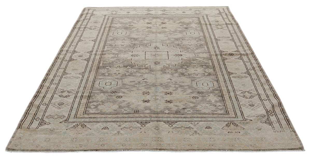 6x8 Light Gray and Light Brown Turkish Tribal Rug