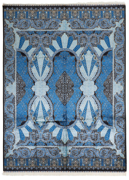 8x11 Blue and Black Turkish Silk Rug