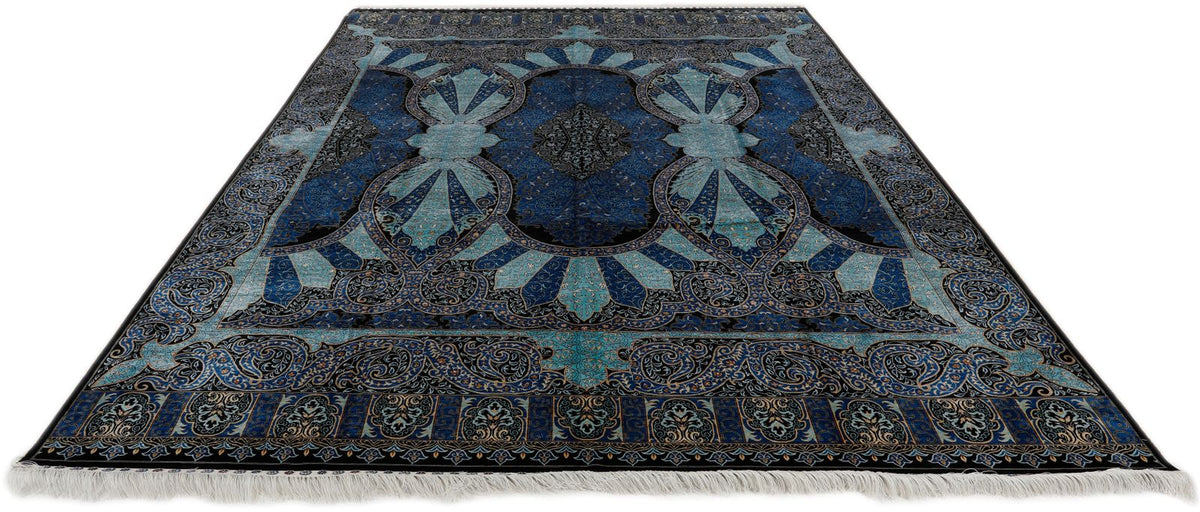 8x11 Blue and Black Turkish Silk Rug