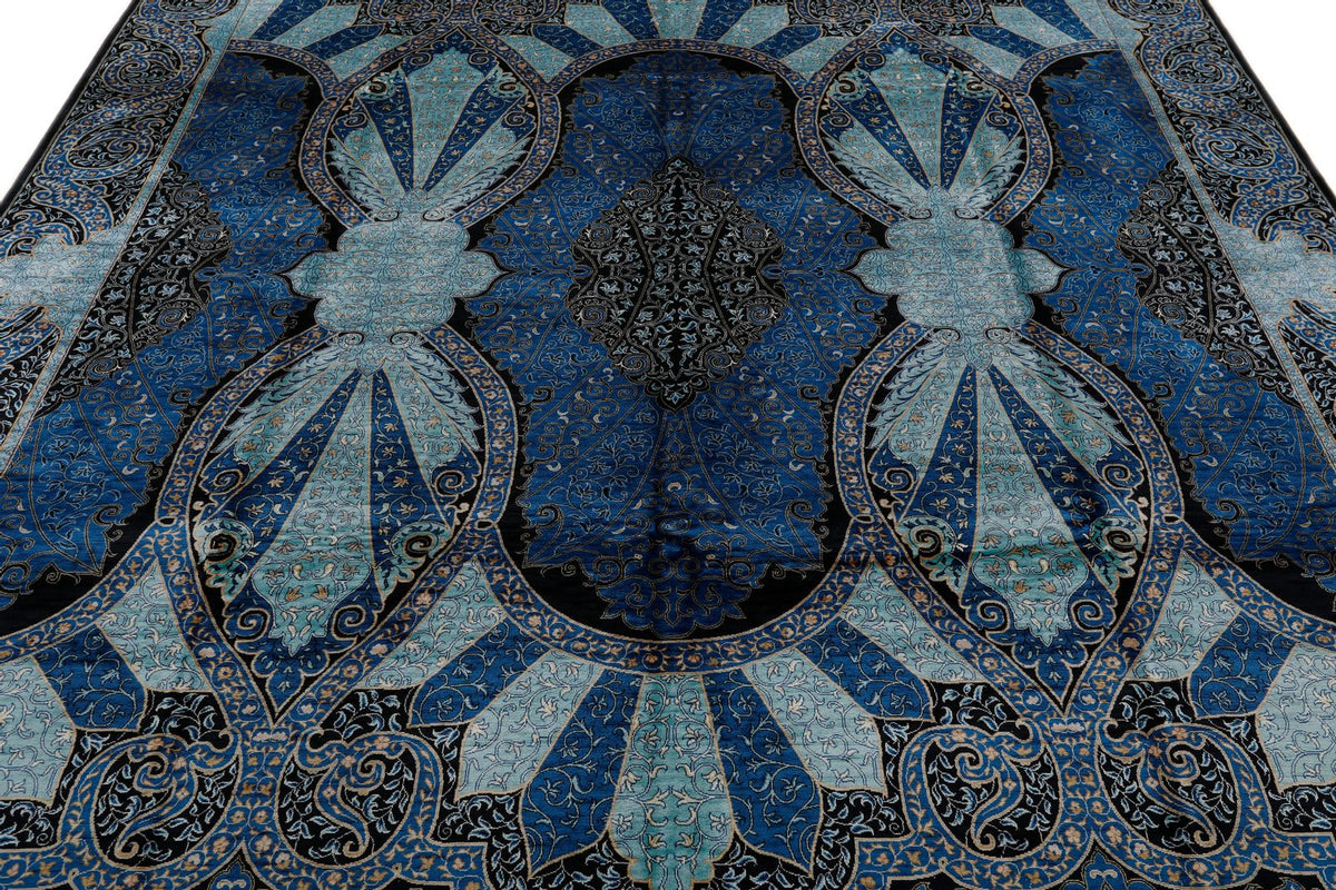 8x11 Blue and Black Turkish Silk Rug