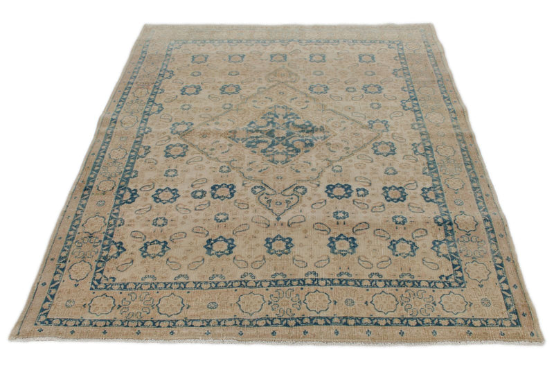 5x7 Ivory and Multicolor Turkish Tribal Rug