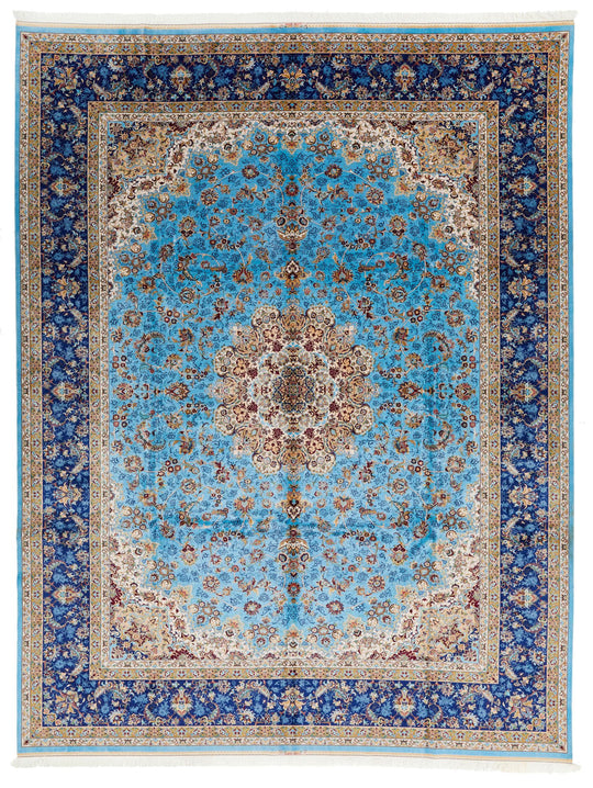 10x13 Light Blue and Navy Turkish Silk Rug