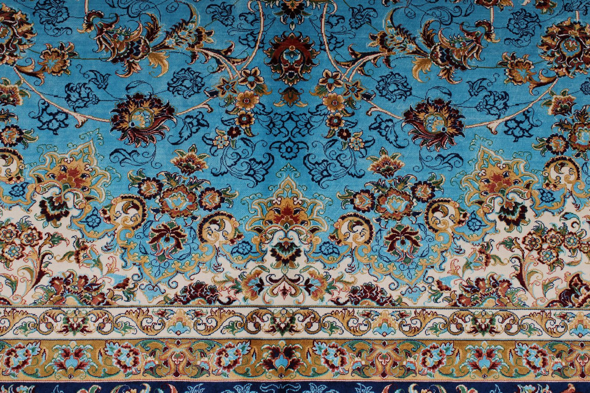 10x13 Light Blue and Navy Turkish Silk Rug
