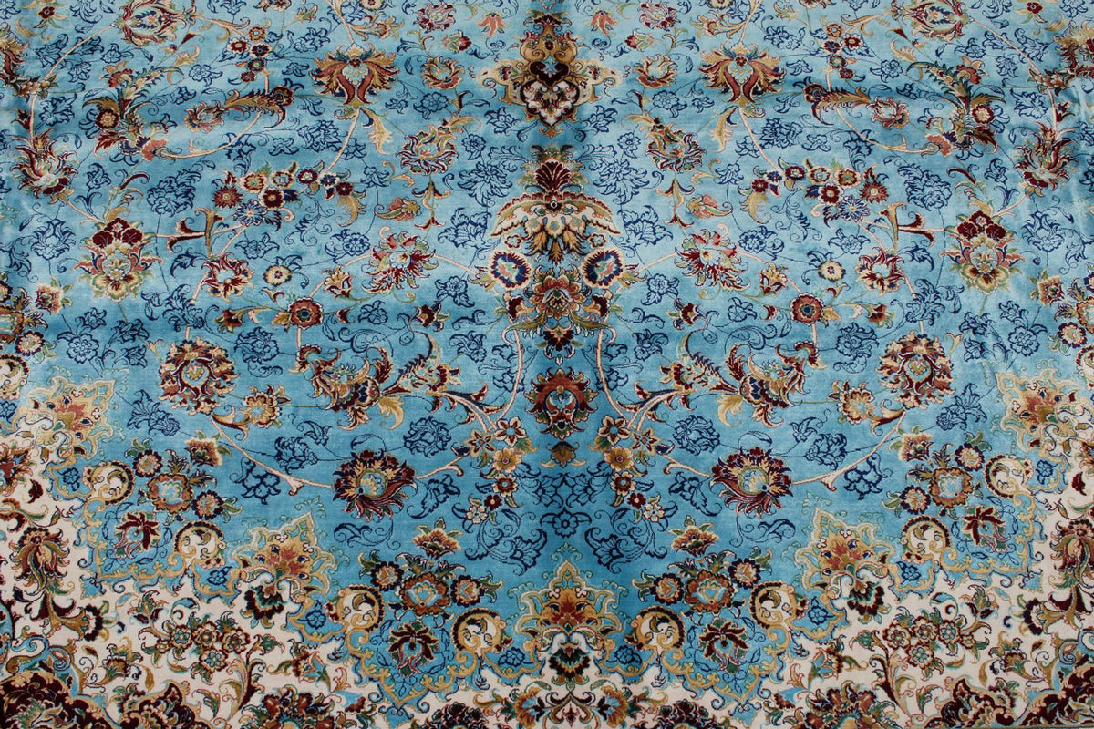 10x13 Light Blue and Navy Turkish Silk Rug