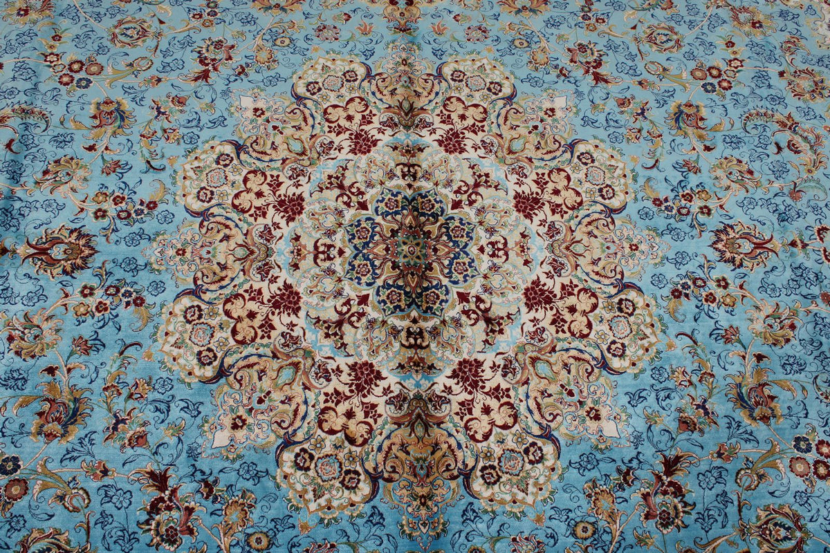 10x13 Light Blue and Navy Turkish Silk Rug