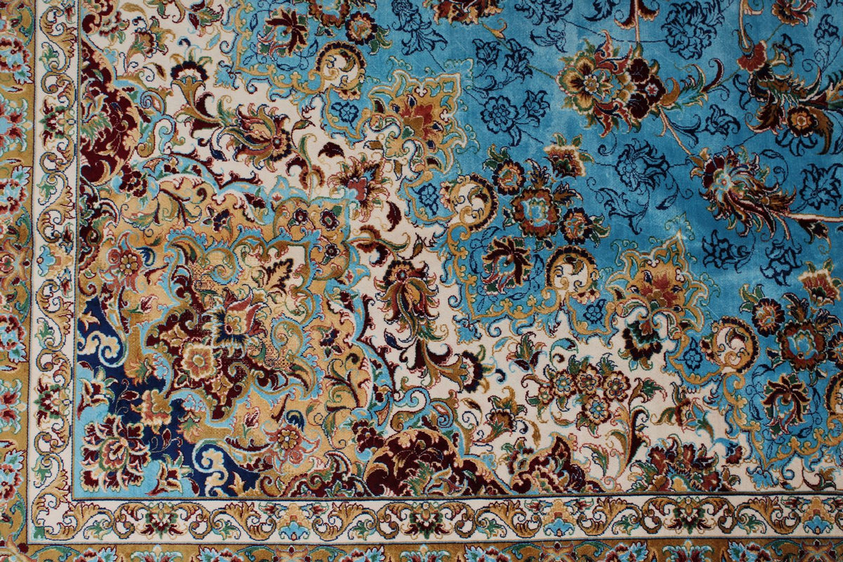 10x13 Light Blue and Navy Turkish Silk Rug